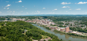 Aerial drone image of the downtown and university in Morgantown