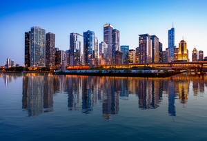 Chicago Skyline at sunset from Navy Pier