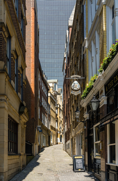 Lovat Lane in the City of London with skyscrapers filling sky Print