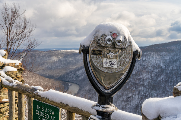 Binoculars on Coopers Rock overlook on snowy day Print