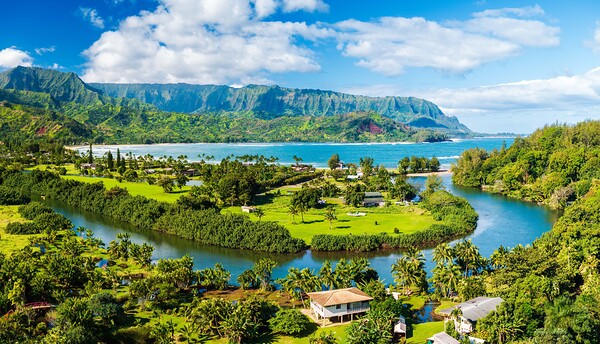 Breathtaking aerial view of Hanalei Bays verdant landscape unde Print