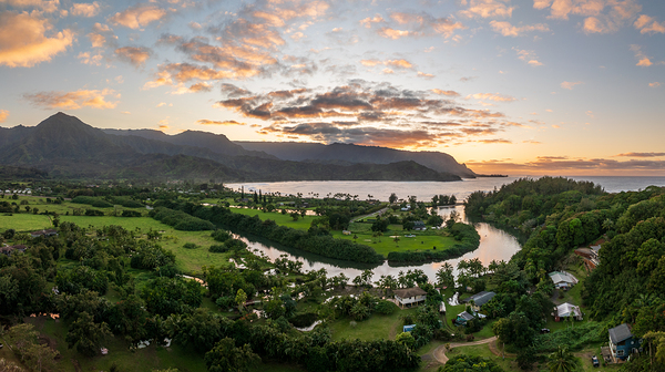 Breathtaking aerial view of sunset over Hanalei Bays verdant la Print