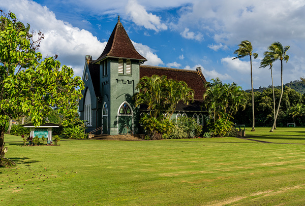 Waioli Huiia Church stands in Hanalei Kauai with the majestic  Print