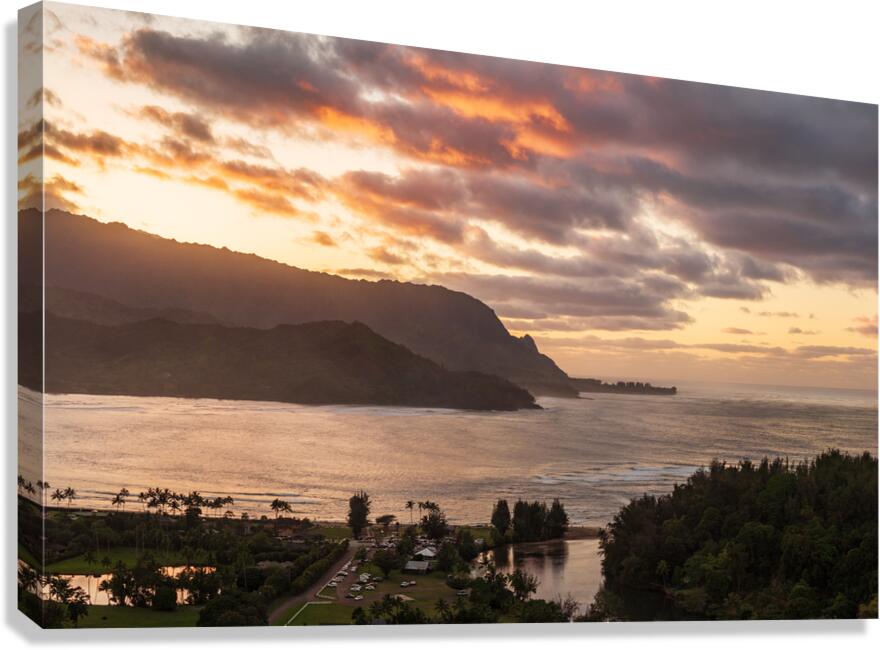 Breathtaking aerial view of sunset over Hanalei Bay landscape in Canvas Print