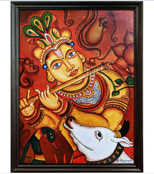 mperor Kerala Mural Painting  God Krishna  Canvas Print With Jungle Wood Frame  Size 18 x 12  Painting by adithyan