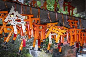 Many bright orange wooden torii gates 