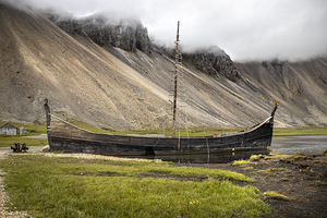 Old wooden viking boat stranded