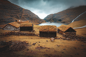 houses with grass roofs in Saksun on the Faroe Islands.