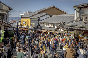 Tourists  crowding the street near Kiyomizu dera temple in Kyot