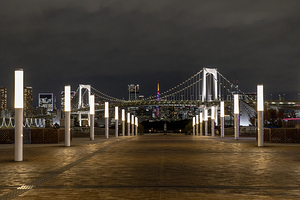 Tokyo skyline with illuminated rainbow bridge at night