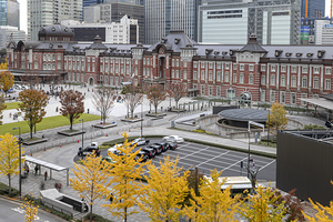 Tokyo station surrounded by yellow autumn trees and tourists