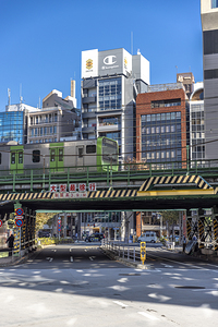 Commuter train passing over city street in urban japan