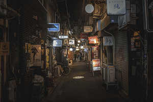 Narrow alley in tokyo at night showing restaurants 