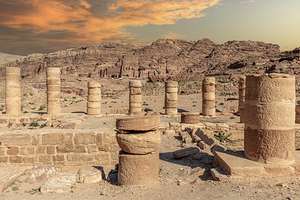 Sandstone columns and ruins in petra jordan with the royal tom