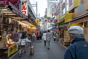 Tourists walking down busy shopping street in tokyo japan