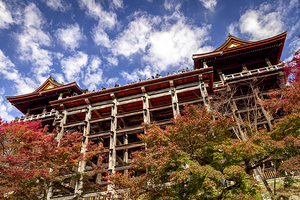 Kiyomizu-dera temple with tourists enjoying autumn colors in kyo