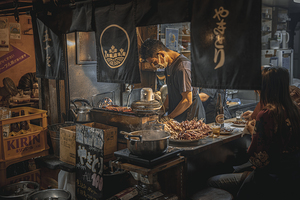 Japanese chef preparing yakitori 