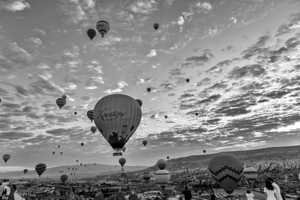 Hot air balloons are flying over a scenic landscape