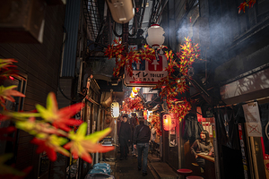Tourists walking in narrow alley in shinjuku at night 