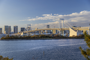 Rainbow bridge crossing tokyo bay with city skyline
