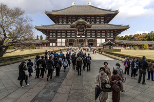 crowds of people visiting Todaiji Temple