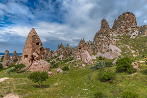 Uchisar Castle in Cappadocia carved out of rock formations. 