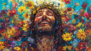 Surreal portrait of joyful man within nature