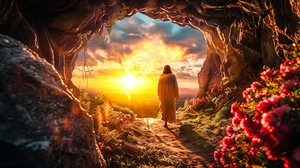jesus rises and comes out of the tomb