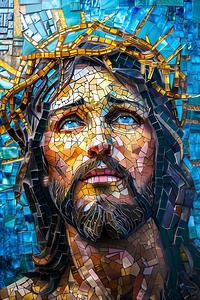 Vibrant mosaic portrait of man with crown