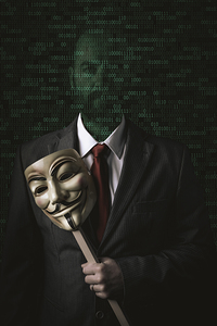 man with mask in hand and binary code background