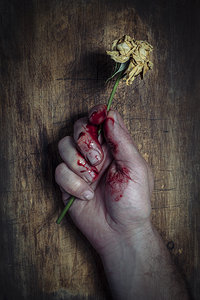 hand clutches a withered rose