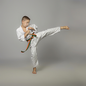 boy performs a side kick