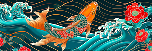 Traditional asian koi fish in waves illustration