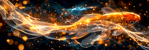 Ethereal glowing koi fish on dark background