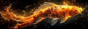 Glowing golden koi fish on dark background