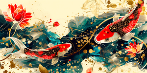 Abstract koi fish and lotus flower illustration