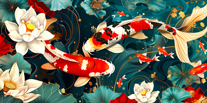 Vibrant koi fish pond illustration with lotus flowers