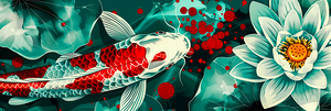 Elegant koi fish swimming among lotus blooms