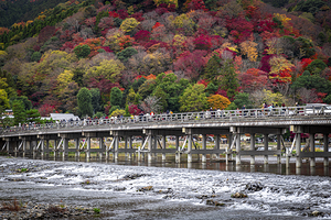 Togetsukyo Bridge in autumn many people cross it