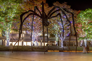 spider sculpture in the Roppongi area with Christmas lights