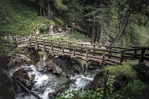 wooden bridge and saent waterfall 