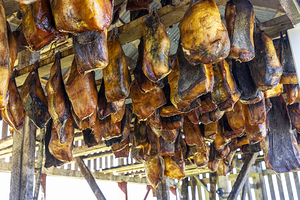 fish drying in a wooden hut