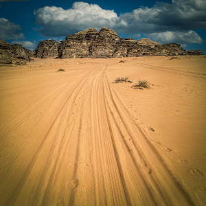 tire tracks on the sand of the wadi rum desert.