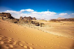 dunes and rocks in the wadi rum desert. 