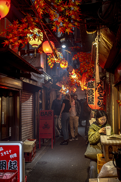 Tourists walking in alley decorated with japanese lanterns at ni Print