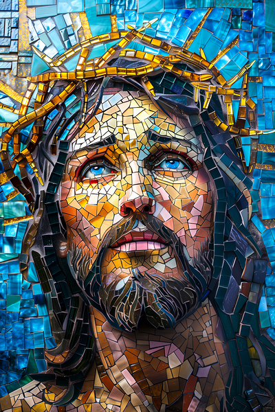 Vibrant mosaic portrait of man with crown by Gualtiero Boffi