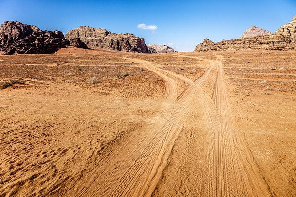 track in the desert of Wadi Rum Print