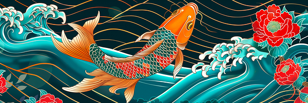 Traditional asian koi fish in waves illustration Print