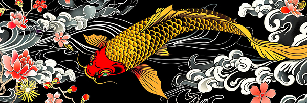 Traditional japanese koi fish with floral patterns Print