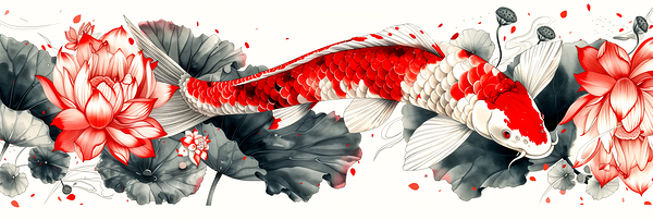 Elegant koi fish with lotus flowers panoramic art Print
